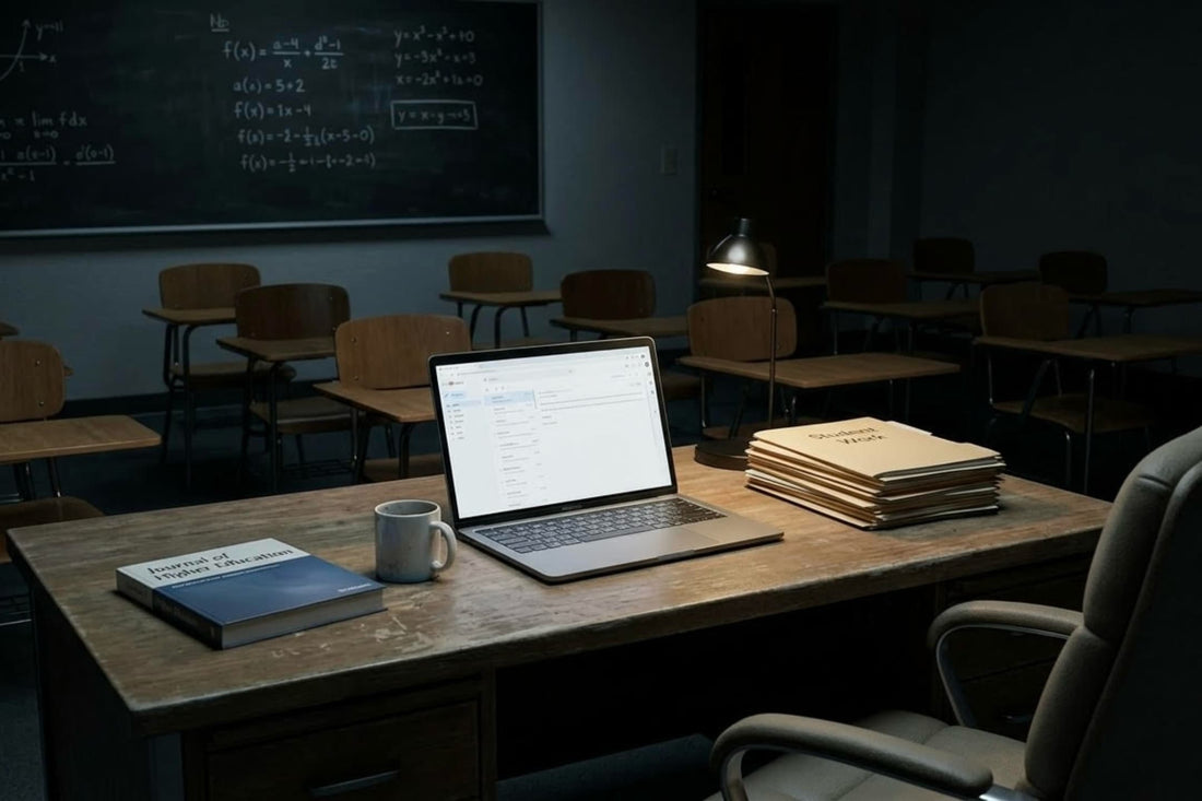 A dimly lit, professional university classroom at night with a single glowing laptop on a professor's wooden desk