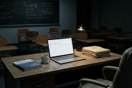 A dimly lit, professional university classroom at night with a single glowing laptop on a professor's wooden desk