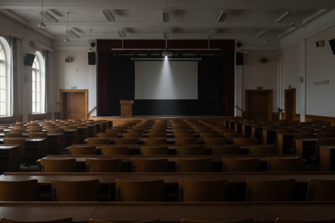 Empty university lecture hall with rows of wooden seats and a lit projection screen, representing faculty attrition in higher education