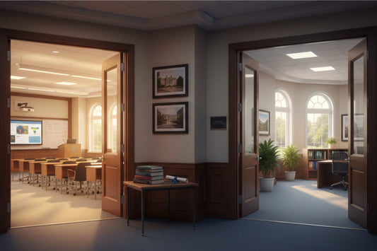 University hallway showing transition from classroom to administrative offices, representing faculty career progression to academic leadership roles