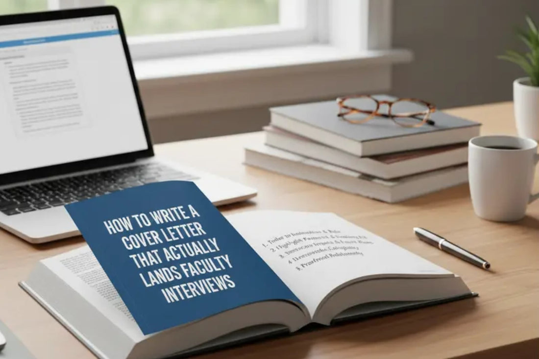 Open book on a desk with a laptop, coffee cup, and the title 'How to Write a Cover Letter That Actually Lands Faculty Interviews