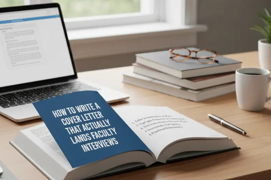 Open book on a desk with a laptop, coffee cup, and the title 'How to Write a Cover Letter That Actually Lands Faculty Interviews